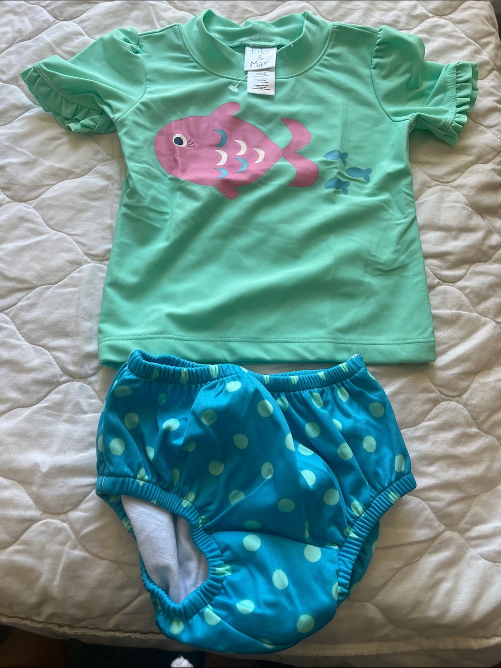 Rash Guard Set - Mint Top with Blue Polka Dot Bottom